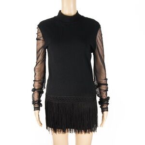 Vintage Rare 90s Moschino Fishnet Flapper Long Sleeve Black Fringe Long Top